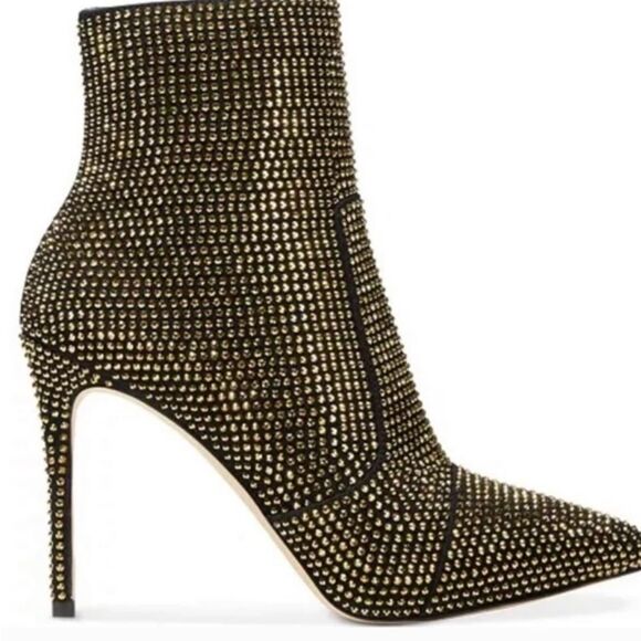 NEW Michael Kors Black Gold Rue Embellished Faux Suede Pointed Heel Boot 8.5 - Picture 1 of 11